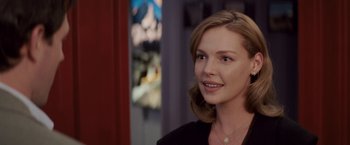 Movie still from “27 Dresses” (2008), directed by Anne Fletcher – A beautiful woman with blonde hair wearing a black shirt; Close Up shot, Over the shoulder angle