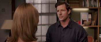 Movie still from “27 Dresses” (2008), directed by Anne Fletcher – A man and a woman looking at one another in front of a mirror; Close Up shot, Over the shoulder angle