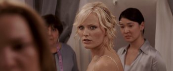 Movie still from “27 Dresses” (2008), directed by Anne Fletcher – A woman with blonde hair and blue eyes looking at the camera; Close Up shot, Over the shoulder angle