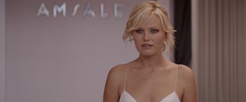 Movie still from “27 Dresses” (2008), directed by Anne Fletcher – A woman in a white dress standing in front of a sale sign; Close Up shot, Over the shoulder angle