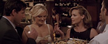 Movie still from “27 Dresses” (2008), directed by Anne Fletcher – Two women sitting at a table eating food; Close Up shot, Over the shoulder angle