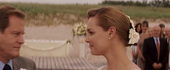 Movie still from “27 Dresses” (2008), directed by Anne Fletcher – A beautiful young lady looking over her shoulder at the beach; Close Up shot, Over the shoulder angle