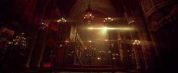 Movie still from “31” (2016), directed by Rob Zombie – A room with chandeliers and lights in it; Extreme Wide shot, Low angle