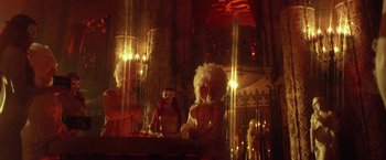 Movie still from “31” (2016), directed by Rob Zombie – A statue in the middle of a room; Wide shot, Low angle