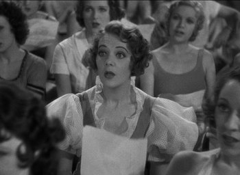Movie still from “42nd Street” (1933), directed by Lloyd Bacon – A group of women sitting in a room together; Medium shot, Low angle