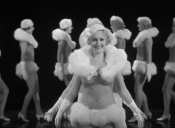 Movie still from “42nd Street” (1933), directed by Lloyd Bacon – A group of women dressed in fur and white lingerie; Medium shot, High angle