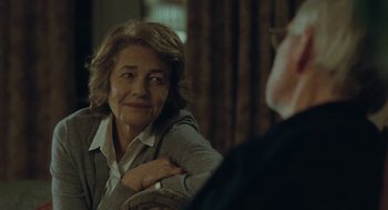 Movie still from “45 Years” (2015), directed by Andrew Haigh – An older woman sitting in front of an older man; Close Up shot, Over the shoulder angle