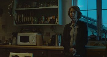 Movie still from “45 Years” (2015), directed by Andrew Haigh – A woman standing in a kitchen next to a microwave oven; Medium shot, Low angle