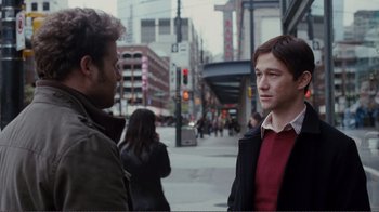 Movie still from “50/50” (2011), directed by Jonathan Levine – Two men standing on the side of the street talking; Close Up shot, Over the shoulder angle