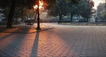 Movie still from “9 to 5” (1980), directed by Colin Higgins – A park with a tree and a bench on the side of the road; Extreme Wide shot, High angle