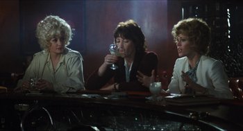 Movie still from “9 to 5” (1980), directed by Colin Higgins – A group of women sitting at a table drinking; Medium shot, Over the shoulder angle