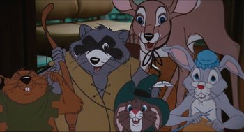 Movie still from “9 to 5” (1980), directed by Colin Higgins – Picture of a group of cartoon characters; Close Up shot, High angle