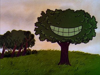 Movie still from “A Boy Named Charlie Brown” (1969), directed by Bill Melendez – A tree with a smiling face on it's trunk; Extreme Wide shot, Low angle
