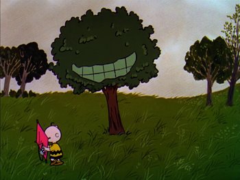 Movie still from “A Boy Named Charlie Brown” (1969), directed by Bill Melendez – A charlie brown cartoon with a big smile on the face; Extreme Wide shot, Low angle