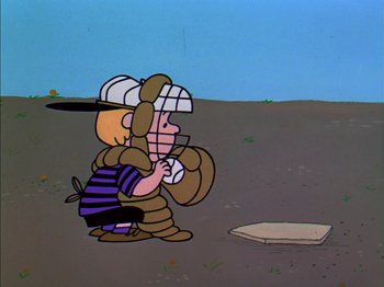 Movie still from “A Boy Named Charlie Brown” (1969), directed by Bill Melendez – A cartoon of a baseball player holding a baseball bat; Extreme Wide shot, Overhead angle