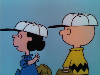 Movie still from “A Boy Named Charlie Brown” (1969), directed by Bill Melendez – A couple of people that are standing next to each other; Medium shot, High angle