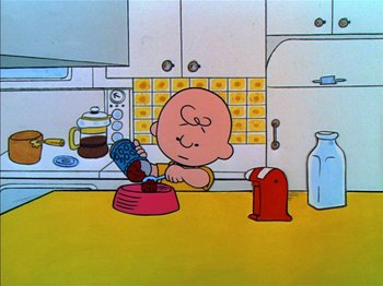Movie still from “A Boy Named Charlie Brown” (1969), directed by Bill Melendez – A charlie brown cartoon is shown in a kitchen; Medium shot, High angle