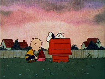Movie still from “A Boy Named Charlie Brown” (1969), directed by Bill Melendez – A charlie brown and snoopy cartoon scene with fire hydrant; Extreme Wide shot, High angle