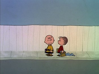 Movie still from “A Boy Named Charlie Brown” (1969), directed by Bill Melendez – A couple of people that are standing next to each other; Extreme Wide shot, Over the shoulder angle