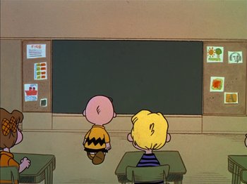 Movie still from “A Boy Named Charlie Brown” (1969), directed by Bill Melendez – A charlie brown and linus van pelt in front of a chalkboard; Extreme Wide shot, High angle