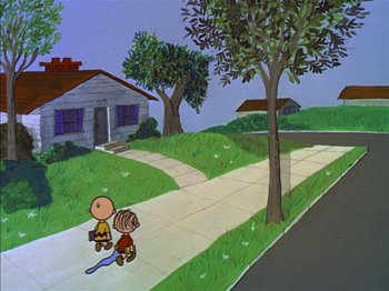 Movie still from “A Boy Named Charlie Brown” (1969), directed by Bill Melendez – A couple of people walking down a sidewalk; Extreme Wide shot, High angle