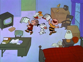 Movie still from “A Boy Named Charlie Brown” (1969), directed by Bill Melendez – A group of people in a room with a bed; Extreme Wide shot, High angle
