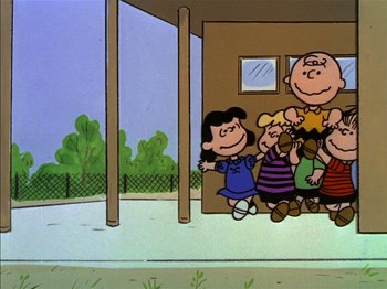 Movie still from “A Boy Named Charlie Brown” (1969), directed by Bill Melendez – A group of people standing next to each other on a porch; Extreme Wide shot, Low angle