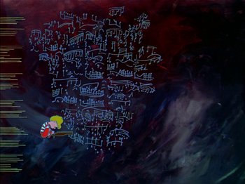 Movie still from “A Boy Named Charlie Brown” (1969), directed by Bill Melendez – A painting of a person flying through the air; Extreme Wide shot, Overhead angle