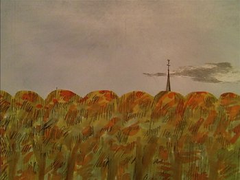 Movie still from “A Boy Named Charlie Brown” (1969), directed by Bill Melendez – A painting of a field with a church steeple in the distance; Extreme Wide shot, Low angle