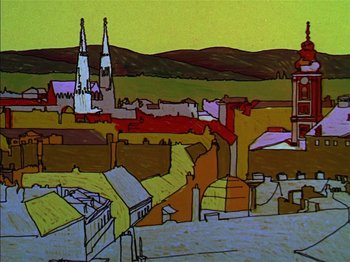 Movie still from “A Boy Named Charlie Brown” (1969), directed by Bill Melendez – An artistic painting of a city with a church in the background; Extreme Wide shot, Low angle