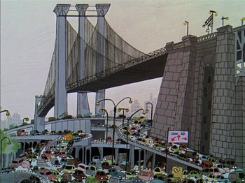 Movie still from “A Boy Named Charlie Brown” (1969), directed by Bill Melendez – A painting of a bridge with cars parked on it; Extreme Wide shot, Low angle