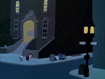 Movie still from “A Boy Named Charlie Brown” (1969), directed by Bill Melendez – A painting of a street scene with a dog walking by a lamp post; Extreme Wide shot, High angle