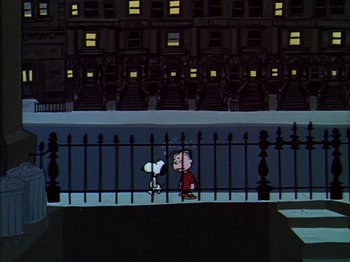 Movie still from “A Boy Named Charlie Brown” (1969), directed by Bill Melendez – A cartoon picture of a boy and a dog; Extreme Wide shot, High angle