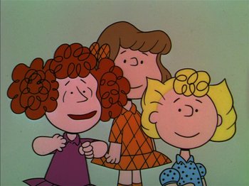 Movie still from “A Boy Named Charlie Brown” (1969), directed by Bill Melendez – A group of three women standing next to each other; Medium shot, High angle