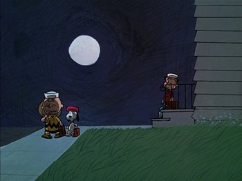 Movie still from “A Boy Named Charlie Brown” (1969), directed by Bill Melendez – A couple of people that are standing in the grass; Extreme Wide shot, Low angle