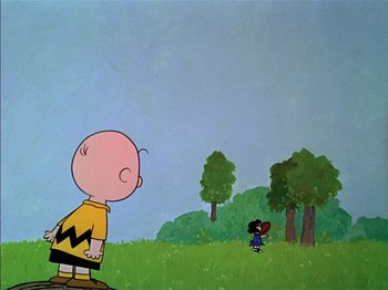 Movie still from “A Boy Named Charlie Brown” (1969), directed by Bill Melendez – A charlie brown and snoopy cartoon scene with trees; Extreme Wide shot, Low angle