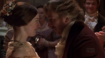 Movie still from “A Christmas Carol” (1999), directed by David Hugh Jones – A man and a woman are looking at one another; Close Up shot, Over the shoulder angle