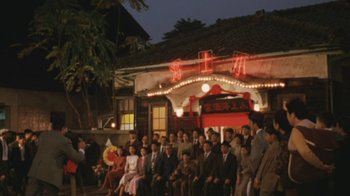 Movie still from “A City of Sadness” (1989), directed by Hsiao-Hsien Hou – A group of people standing in front of a building at night; Extreme Wide shot, Low angle