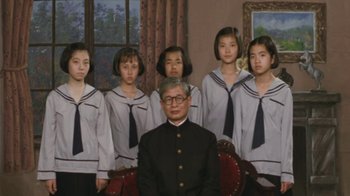 Movie still from “A City of Sadness” (1989), directed by Hsiao-Hsien Hou – A man sitting in front of a group of young girls; Medium shot, Low angle