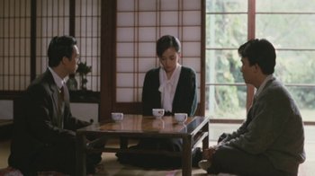 Movie still from “A City of Sadness” (1989), directed by Hsiao-Hsien Hou – A group of people sitting around a table with cups; Wide shot, High angle