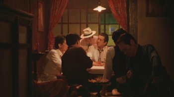 Movie still from “A City of Sadness” (1989), directed by Hsiao-Hsien Hou – A group of people sitting around a table; Medium shot, High angle