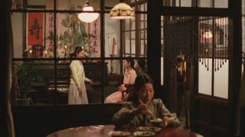 Movie still from “A City of Sadness” (1989), directed by Hsiao-Hsien Hou – A group of people sitting at a table in a room; Wide shot, Over the shoulder angle