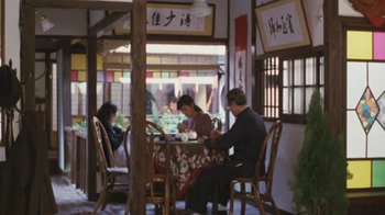 Movie still from “A City of Sadness” (1989), directed by Hsiao-Hsien Hou – A group of people sitting at a table in front of a window; Wide shot, High angle