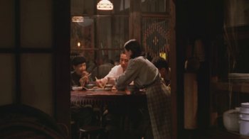 Movie still from “A City of Sadness” (1989), directed by Hsiao-Hsien Hou – A group of people sitting at a table in a restaurant; Wide shot, High angle
