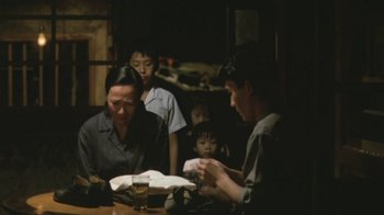 Movie still from “A City of Sadness” (1989), directed by Hsiao-Hsien Hou – A group of people sitting around a table; Medium shot, High angle