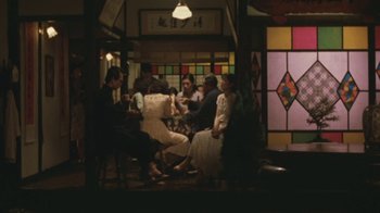 Movie still from “A City of Sadness” (1989), directed by Hsiao-Hsien Hou – A group of people sitting around a table; Wide shot, High angle