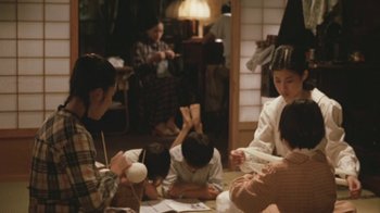 Movie still from “A City of Sadness” (1989), directed by Hsiao-Hsien Hou – A group of people sitting on the floor in a room; Wide shot, High angle
