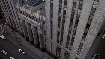An aerial view looking down at a large building