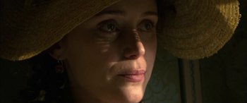 Movie still from “Tristram Shandy” (2005), directed by Michael Winterbottom – A person wearing a straw hat; Extreme Close Up shot, High angle