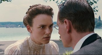 Movie still from “A Dangerous Method” (2011), directed by David Cronenberg – A man and a woman talking to each other; Close Up shot, Over the shoulder angle